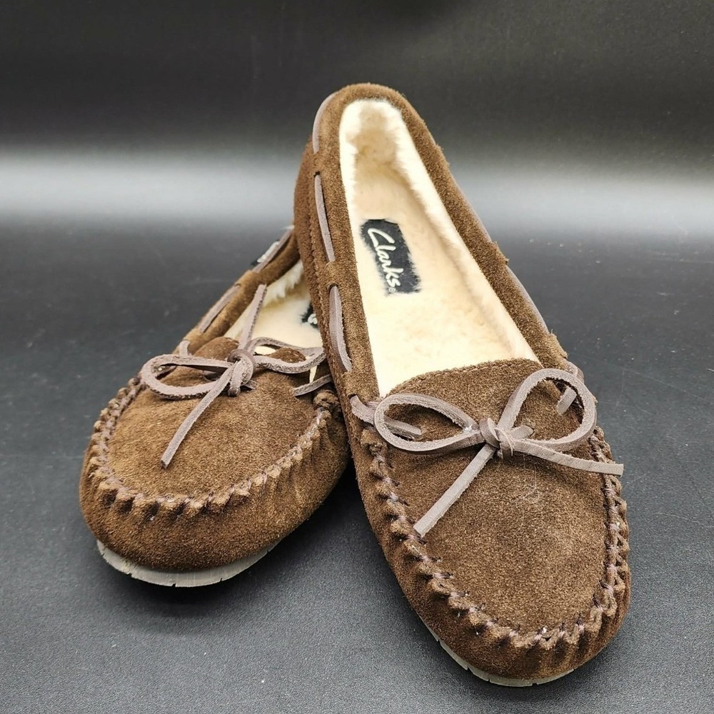 Clarks JMH1908 Moccasin Slipper Brown Womens Size 7‎ Suede Faux Fur Lined Cozy